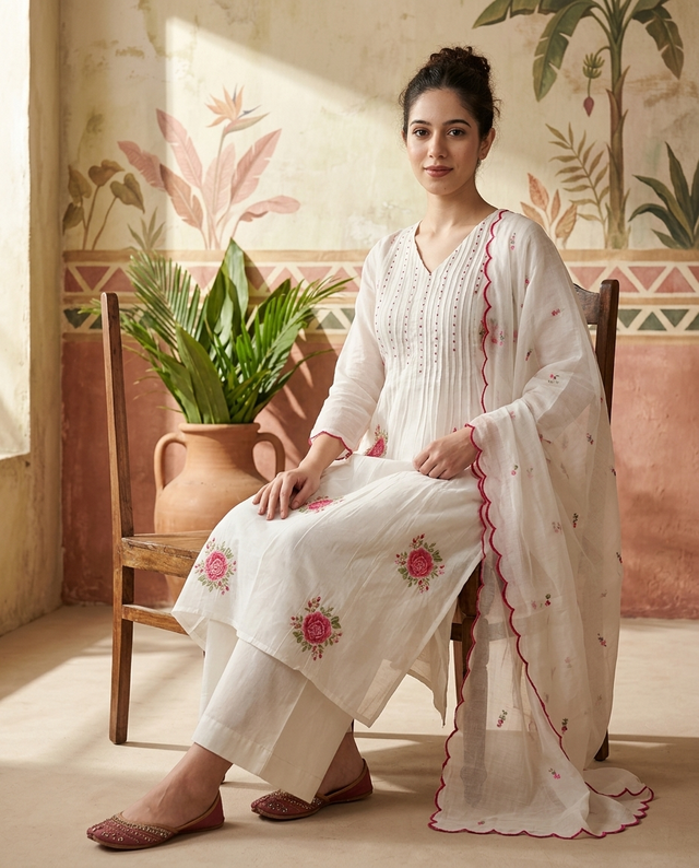 Floral Print & Embroidered Straight Kurta With Trousers & Dupatta