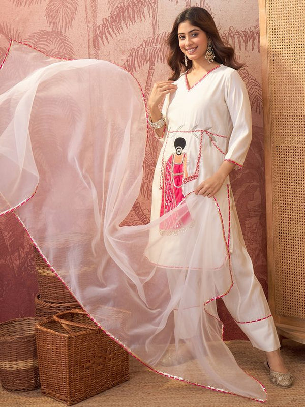 Mustard Ethnic Motif Embroidered Straight Kurta With Trouser & Dupatta Kurta Set