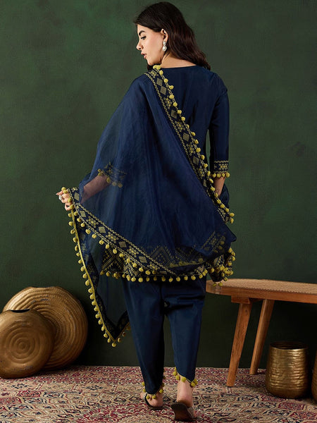 Navy Blue Notch-Neck Mirror Work Chanderi Silk Kurta With Dhoti Pant And Dupatta