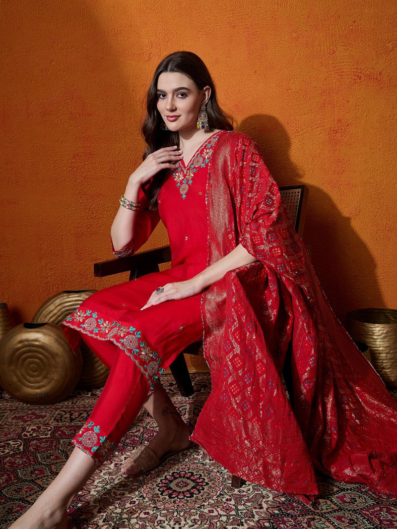 Floral Embroidered V-Neck Pure Silk Kurta With Trousers And Dupatta