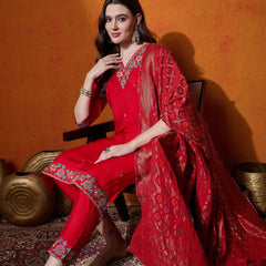 Floral Embroidered V-Neck Pure Silk Kurta With Trousers And Dupatta
