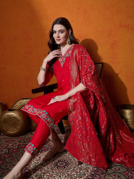 Floral Embroidered V-Neck Pure Silk Kurta With Trousers And Dupatta