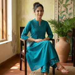 Floral Embroidered Thread Work A-Line Kurta With Trousers