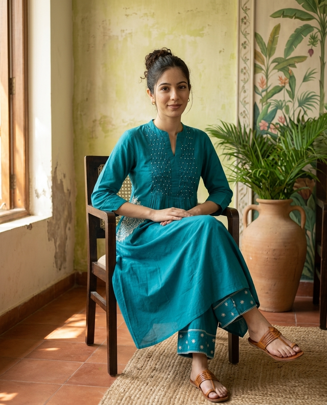 Floral Embroidered Thread Work A-Line Kurta With Trousers