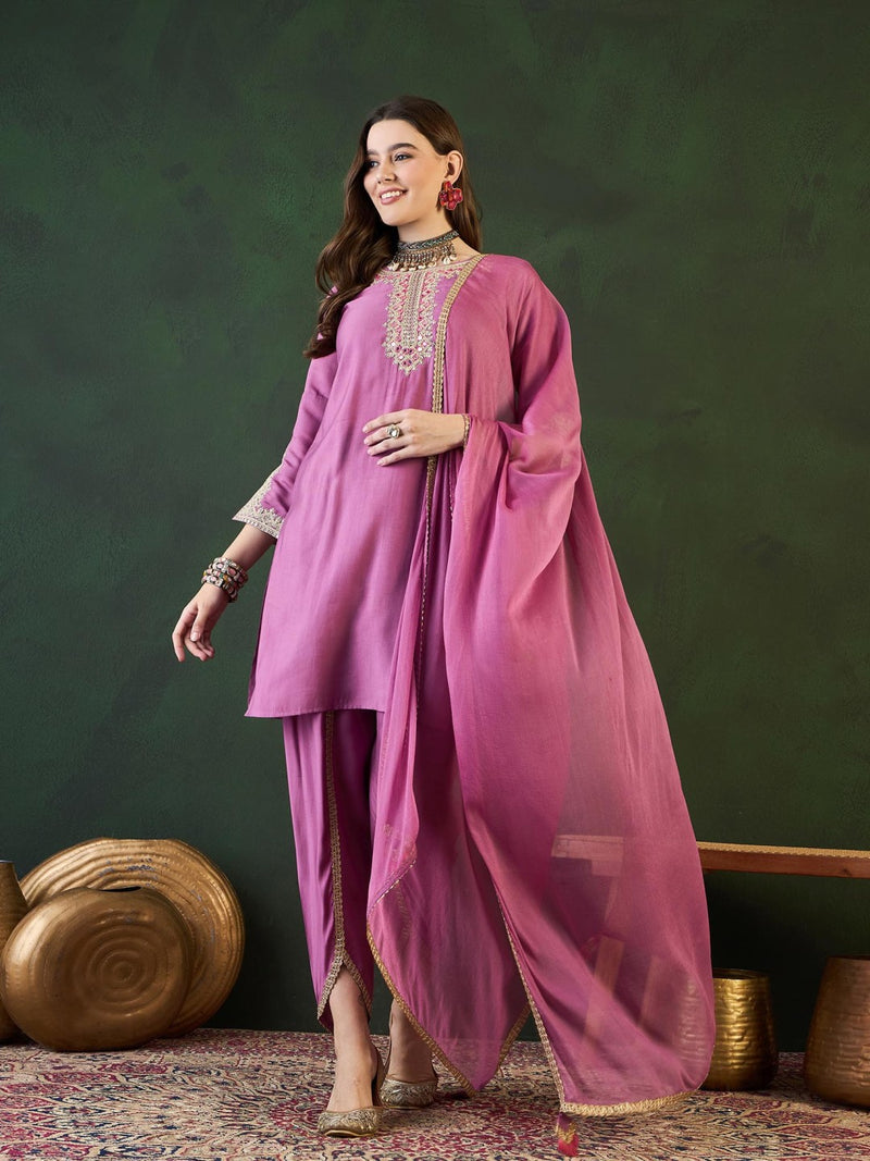 Purple Embroidered Mirror Work Round Neck Kurta With Dhoti Pants And Dupatta