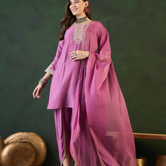 Purple Embroidered Mirror Work Round Neck Kurta With Dhoti Pants And Dupatta