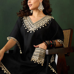 Embroidered  V-Neck Mirror work Kaftan With Trousers