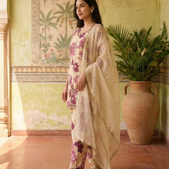 Floral Print & Embroidered  Straight Kurta With Trousers & Dupatta