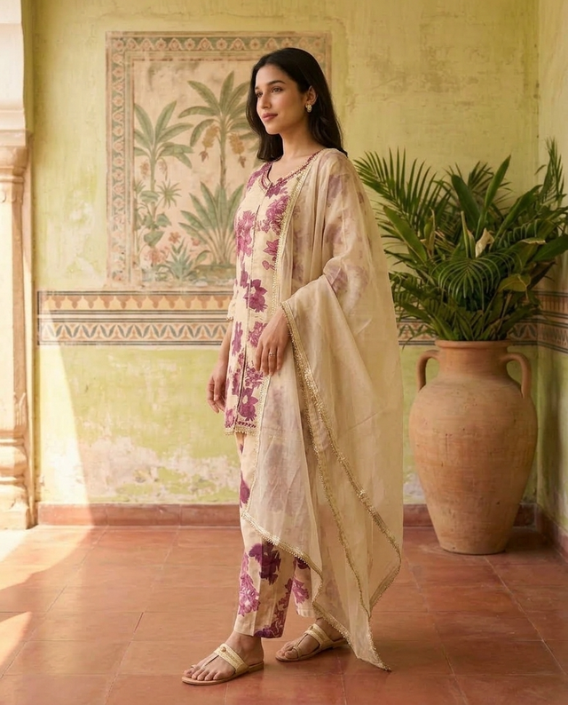 Floral Print & Embroidered  Straight Kurta With Trousers & Dupatta
