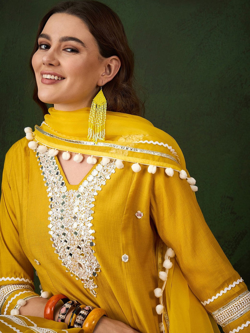 Embroidered Anarkali Kurta & Trousers With Dupatta