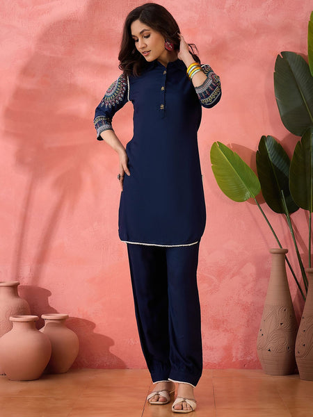 Navy Blue Ethnic Motifs Embroidered Shirt Collar Pathani Kurta With Trouser