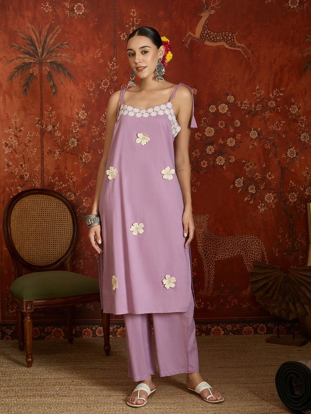 Peach Floral Embroidered Shoulder Straps Kurta With Trouser & Dupatta Kurta Set