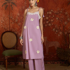 Peach Floral Embroidered Shoulder Straps Kurta With Trouser & Dupatta Kurta Set