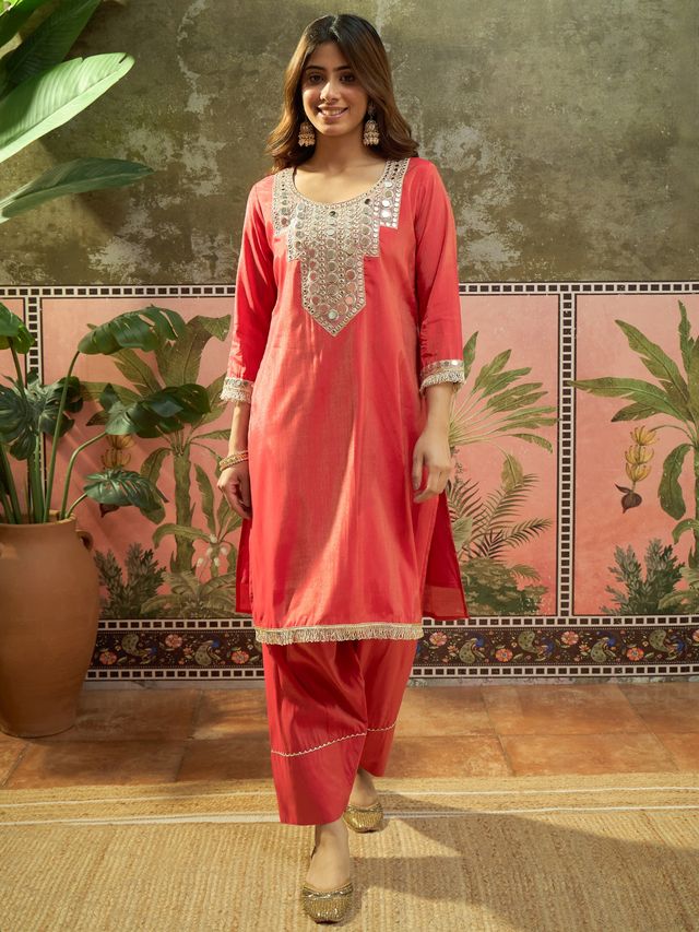 Floral Embroidered & Sequin Work Kurta With Farshi Salwar & Dupatta Kurta Set