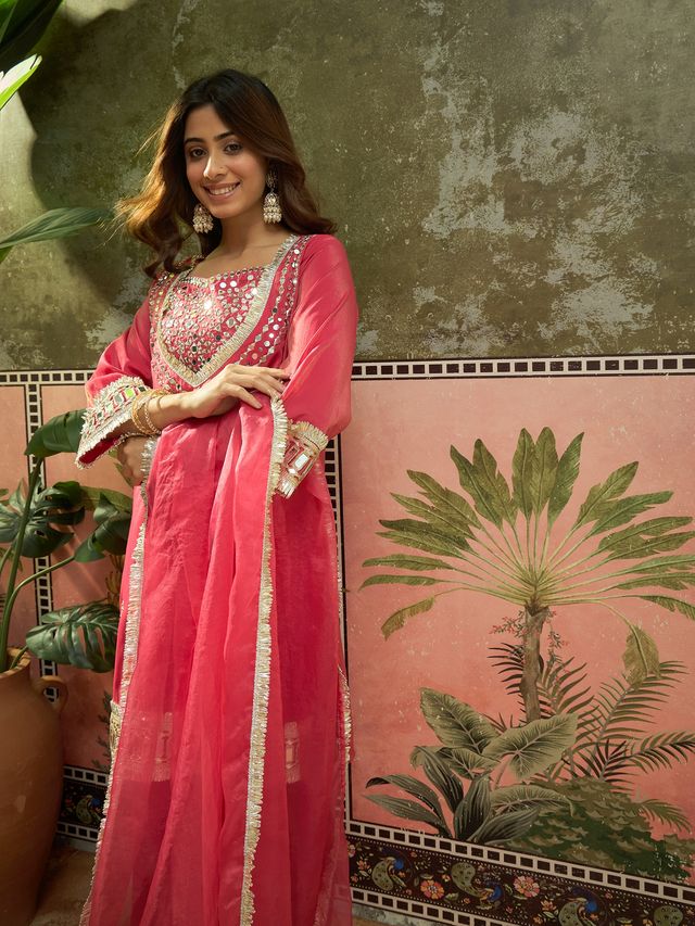 Pink Ethnic Motif Embroidered Kurta With Top & Trouser & Dupatta
