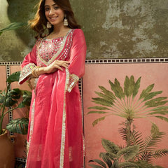Pink Ethnic Motif Embroidered Kurta With Top & Trouser & Dupatta