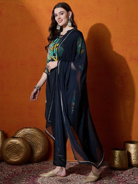 Floral Embroidered Sequinned Kurta With Trouser And Dupatta