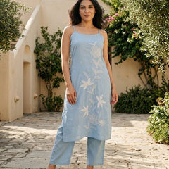 Embroidered Pure Cotton Sholder Straps Straight Kurta With Trouser