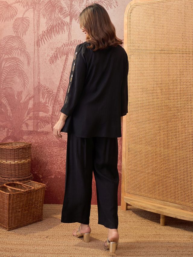 Fuchsia Embroidered Top With Jacket & Trouser Co-Ords