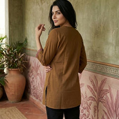 Brown Floral Embroidered Straight Short Kurti