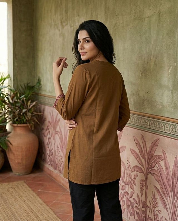 Brown Floral Embroidered Straight Short Kurti