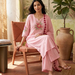 Floral Embroidered  Straight Kurta With & Trousers & Dupatta