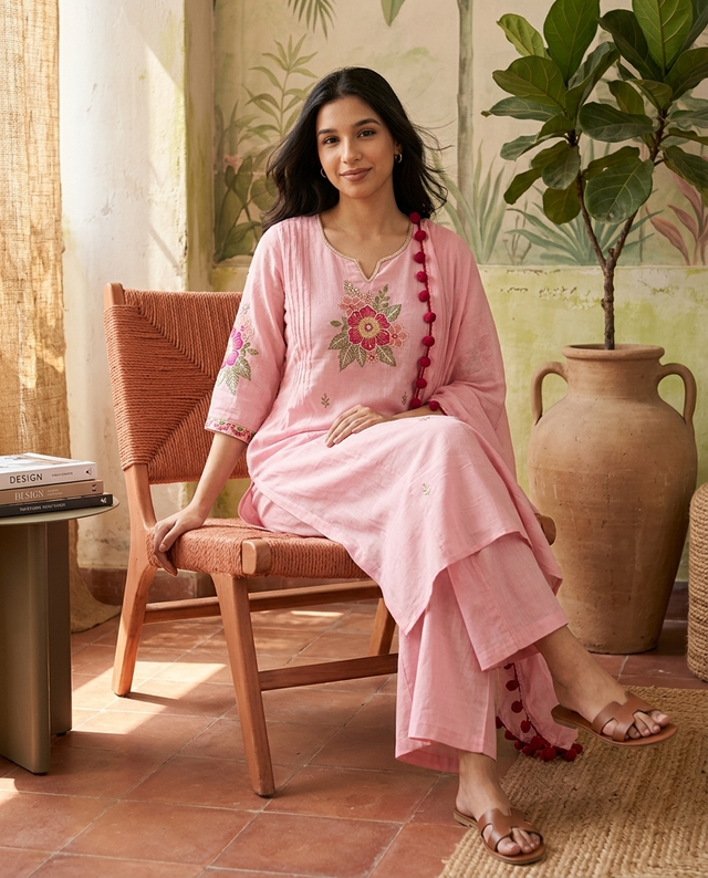 Floral Embroidered  Straight Kurta With & Trousers & Dupatta