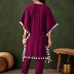 Purple Geometric Embroidered Mirror Work Roman Silk Kurta With Trouser
