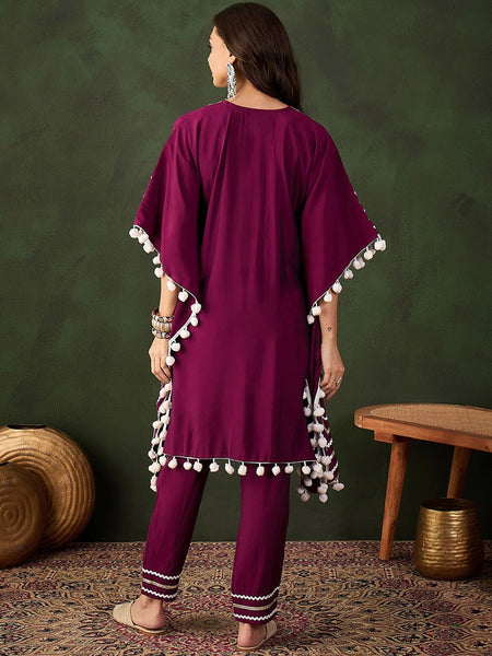 Purple Geometric Embroidered Mirror Work Roman Silk Kurta With Trouser