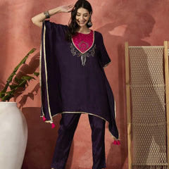 Burgundy Yoke Design Beads And Stones Round Neck Kaftan Kurta With Trousers