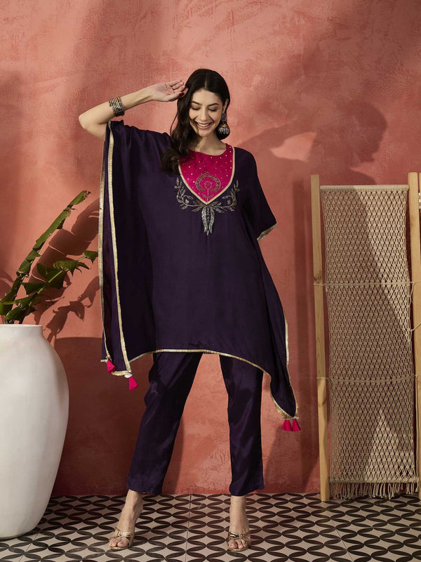Burgundy Yoke Design Beads And Stones Round Neck Kaftan Kurta With Trousers
