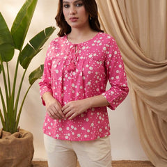 Pink Folka Dots Print Straight Kurtis