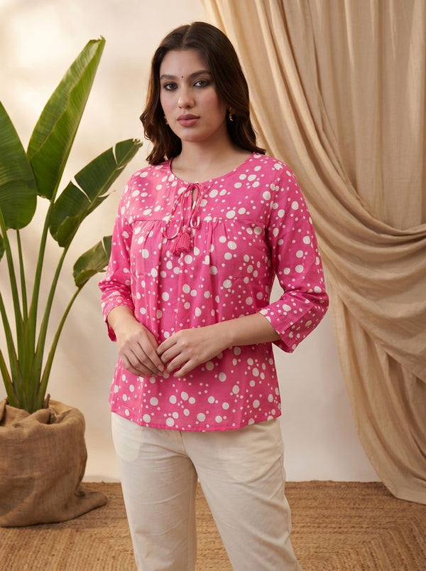Pink Folka Dots Print Straight Kurtis