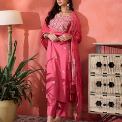 Pink Floral Gotta Patti Notch Neck Kurta With Trousers And Dupatta