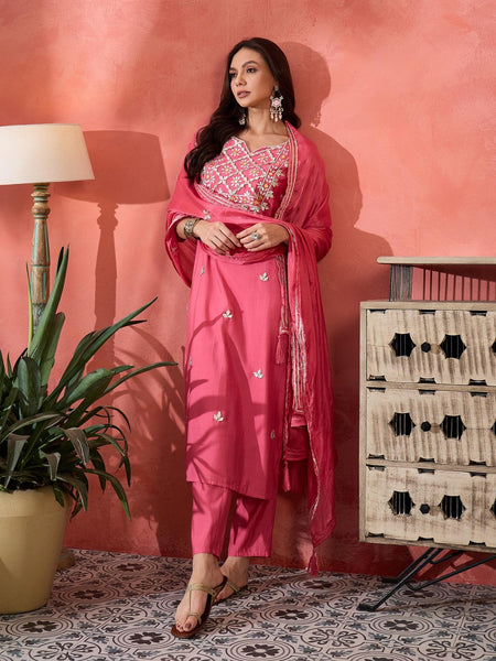 Pink Floral Gotta Patti Notch Neck Kurta With Trousers And Dupatta