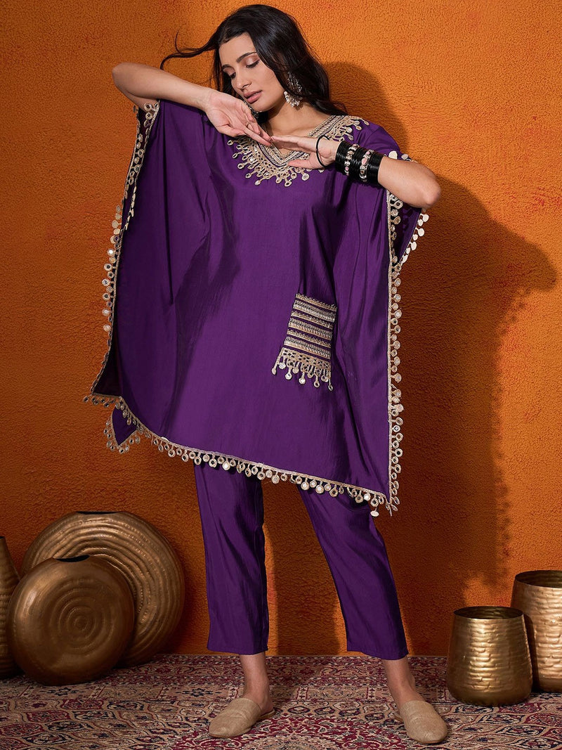 Ethnic Motifs Yoke Design Embroidered Kaftan Kurta & Trousers