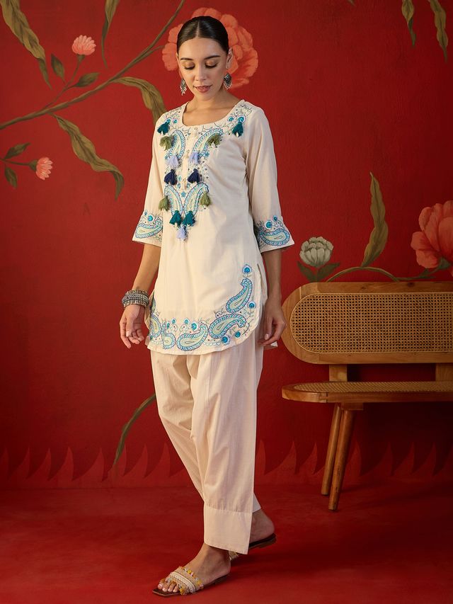 White Floral Embroidered Tunic With Farshi Salwar  Co-Ords Set