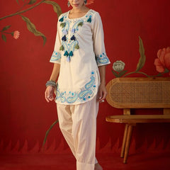 White Floral Embroidered Tunic With Farshi Salwar  Co-Ords Set