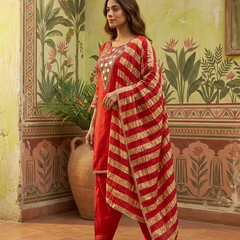 Floral Embroidered & Mirror Work Straight Kurta With & Farsi Salwar & Dupatta
