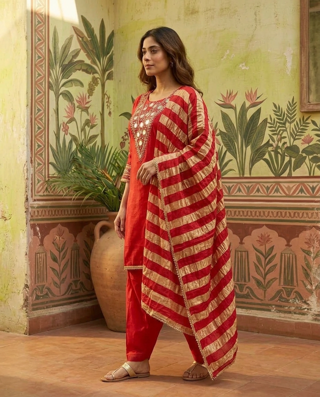 Floral Embroidered & Mirror Work Straight Kurta With & Farsi Salwar & Dupatta