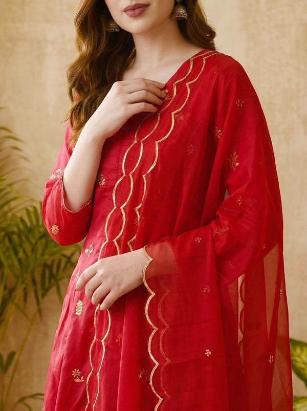 Rani Floral Embroidered Mirror Work A-Line Kurta With Trousers & Dupatta