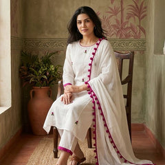 Floral Embroidered Straight Kurta With Trousers & Dupatta