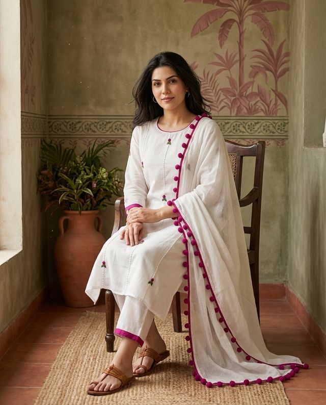Floral Embroidered Straight Kurta With Trousers & Dupatta
