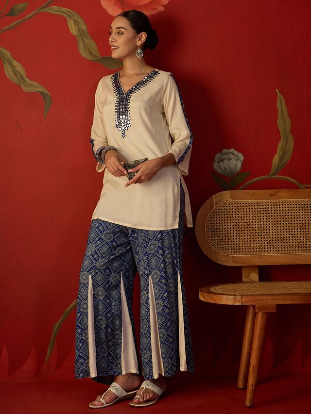 Floral Embroidered Tunic With Printed Palazzo Co-Ords Set