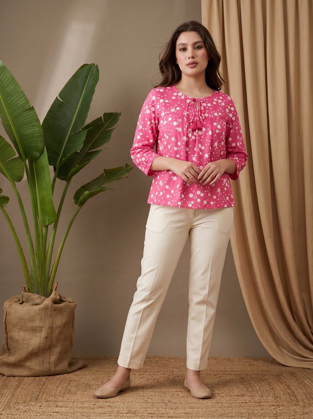 Pink Folka Dots Print Straight Kurtis