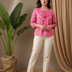 Pink Folka Dots Print Straight Kurtis
