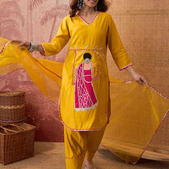 Mustard Ethnic Motif Embroidered Straight Kurta With Trouser & Dupatta Kurta Set