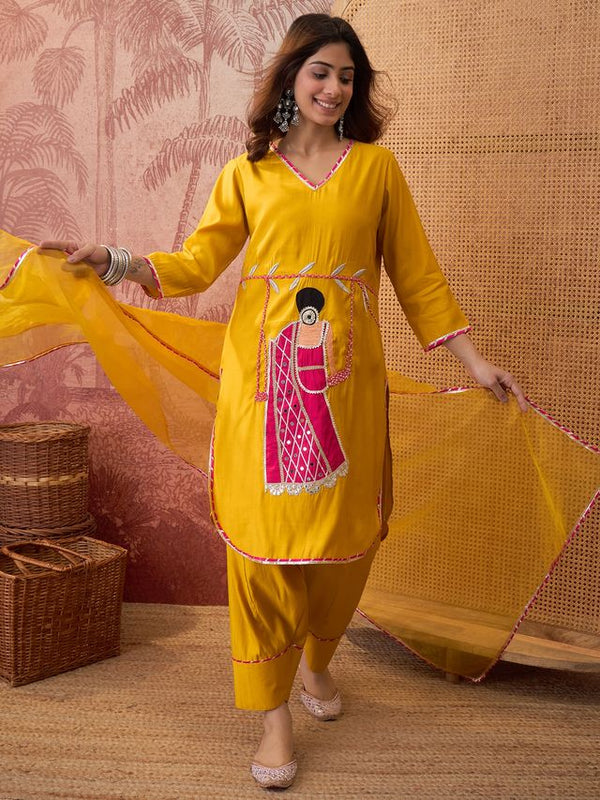 Mustard Ethnic Motif Embroidered Straight Kurta With Trouser & Dupatta Kurta Set