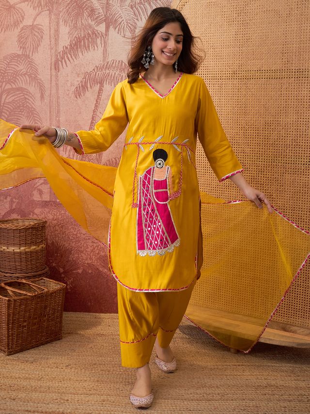 Mustard Ethnic Motif Embroidered Straight Kurta With Trouser & Dupatta Kurta Set