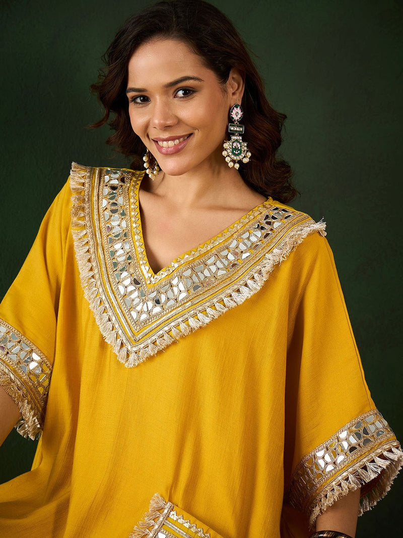 Paisley Embroidered V-Neck Mirror Work Kaftan With Trousers